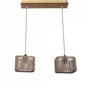 Δίφωτο κρεμαστό φωτιστικό από ξύλο με καπέλα από σχοινί