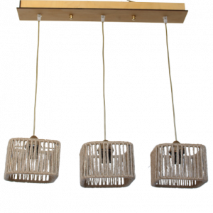 Τρίφωτο κρεμαστό φωτιστικό από ξύλο με καπέλα από σχοινί